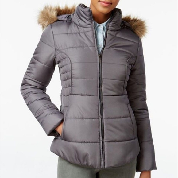 NWT RAMPAGE Gray Faux Fur Trim Hooded Jacket - Picture 1 of 6